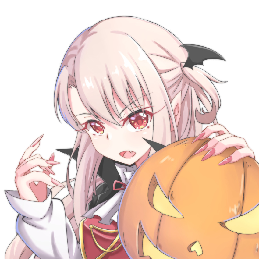 1girl absurdres bangs black_cape cape eyebrows_visible_through_hair fang fate/kaleid_liner_prisma_illya fate_(series) fingernails glowing hair_between_eyes halloween hands_up highres illyasviel_von_einzbern jack-o'-lantern light_brown_hair long_fingernails long_hair long_sleeves looking_at_viewer nail_polish one_side_up open_mouth pink_nails red_eyes sharp_fingernails shirt simple_background sleeves_past_wrists solo upper_body white_background white_shirt wing_hair_ornament zongren