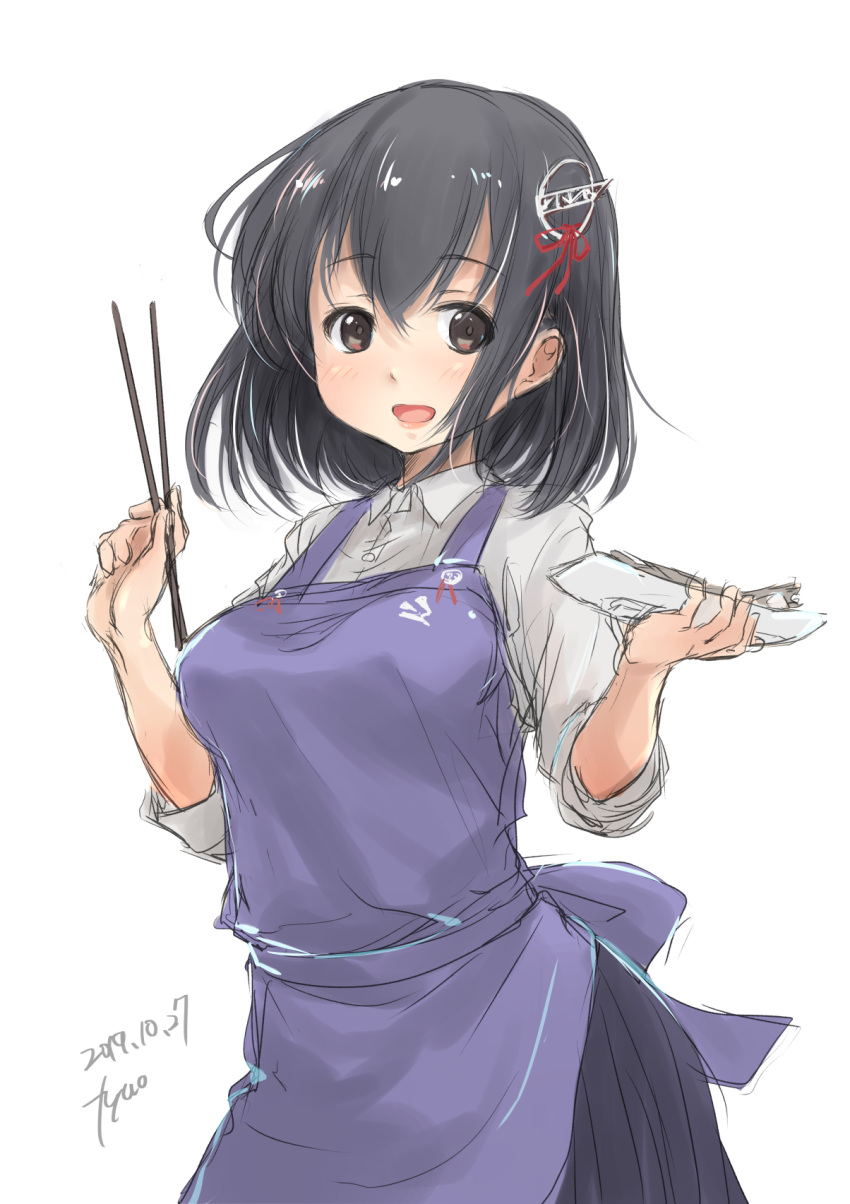 1girl artist_name black_hair black_skirt brown_eyes chopsticks cowboy_shot dated dress_shirt fyuo haguro_(kantai_collection) hair_ornament highres kantai_collection long_sleeves looking_at_viewer plate pleated_skirt purple_apron shirt short_hair simple_background skirt sleeves_rolled_up smile solo white_background white_shirt