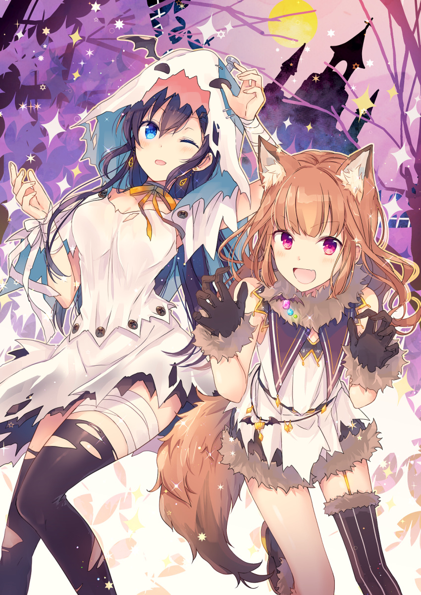 2girls animal_ears bandages bat black_gloves black_hair black_legwear blue_eyes brown_headwear castle commentary_request eyebrows_visible_through_hair fang fox_ears fox_tail fur_trim gloves goma_(11zihisin) happy highres long_hair looking_at_viewer multiple_girls one_eye_closed original red_eyes shirt skirt smile tail thigh-highs tongue tongue_out torn_clothes torn_legwear white_shirt white_skirt
