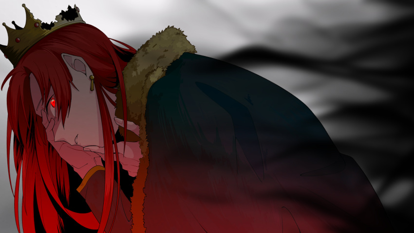 1girl angry bangs boudica_(fate/grand_order) cape capelet crown earrings fate/grand_order fate_(series) finger_to_chin from_side fur-trimmed_capelet fur_trim fuutaro_(aniwotakemoner) glowing glowing_eyes highres jewelry long_hair looking_at_viewer parted_lips red_eyes redhead solo upper_body