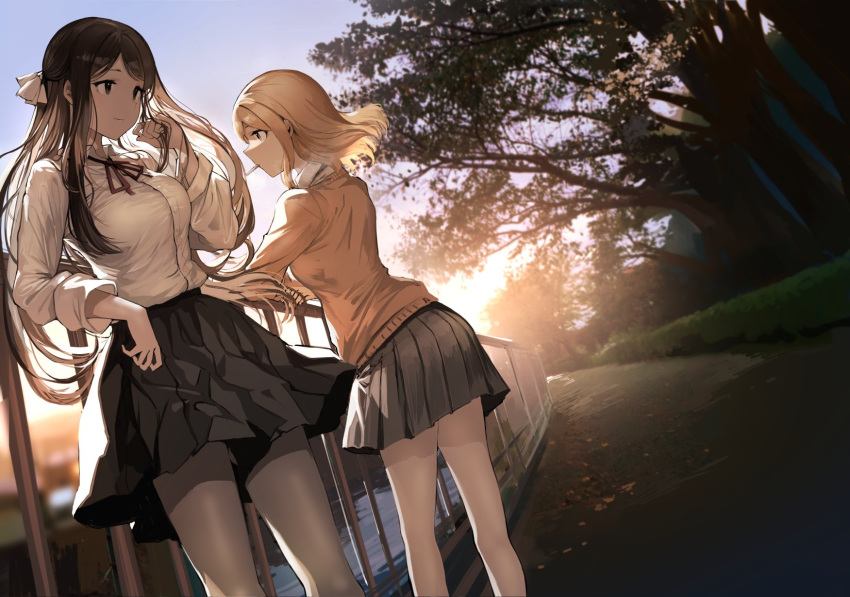 2girls against_railing arm_support bare_legs black_skirt blonde_hair breasts brown_eyes brown_hair brown_sweater closed_mouth collared_shirt commentary_request day dress_shirt grey_legwear hair_ribbon hand_in_hair hand_up highres koruse large_breasts long_hair long_sleeves looking_away miniskirt multiple_girls neck_ribbon original outdoors pantyhose park path pleated_skirt profile red_ribbon ribbon shirt short_hair skirt smile smoking standing sweater tree white_ribbon white_shirt