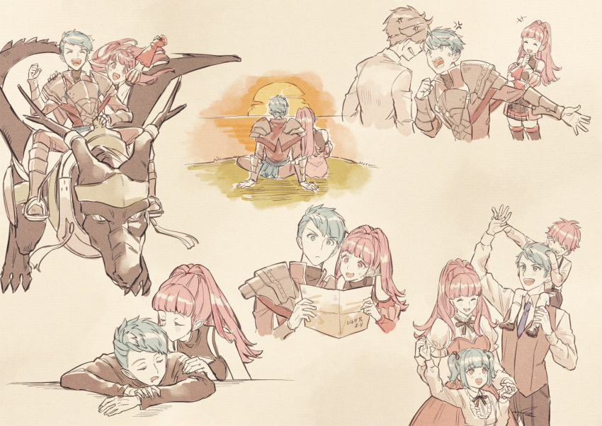 anger_vein blue_hair caspar_von_bergliez child dragon fire_emblem fire_emblem:_three_houses highres hilda_valentine_goneril married nananfefksg pink_eyes pink_hair sleeping sunset tagme wyvern