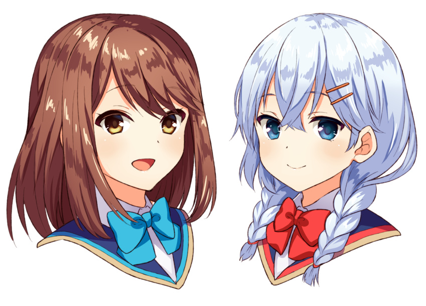 2girls :d bangs blue_eyes blue_neckwear blush bow bowtie braid brown_eyes brown_hair character_request closed_mouth collared_shirt commentary_request eyebrows_visible_through_hair girlfriend_(kari) hair_between_eyes hair_ornament hairclip long_hair low_twintails multiple_girls murakami_fumio nyanmaru_(ememing) open_mouth portrait red_neckwear shirt silver_hair simple_background smile twin_braids twintails white_background white_shirt