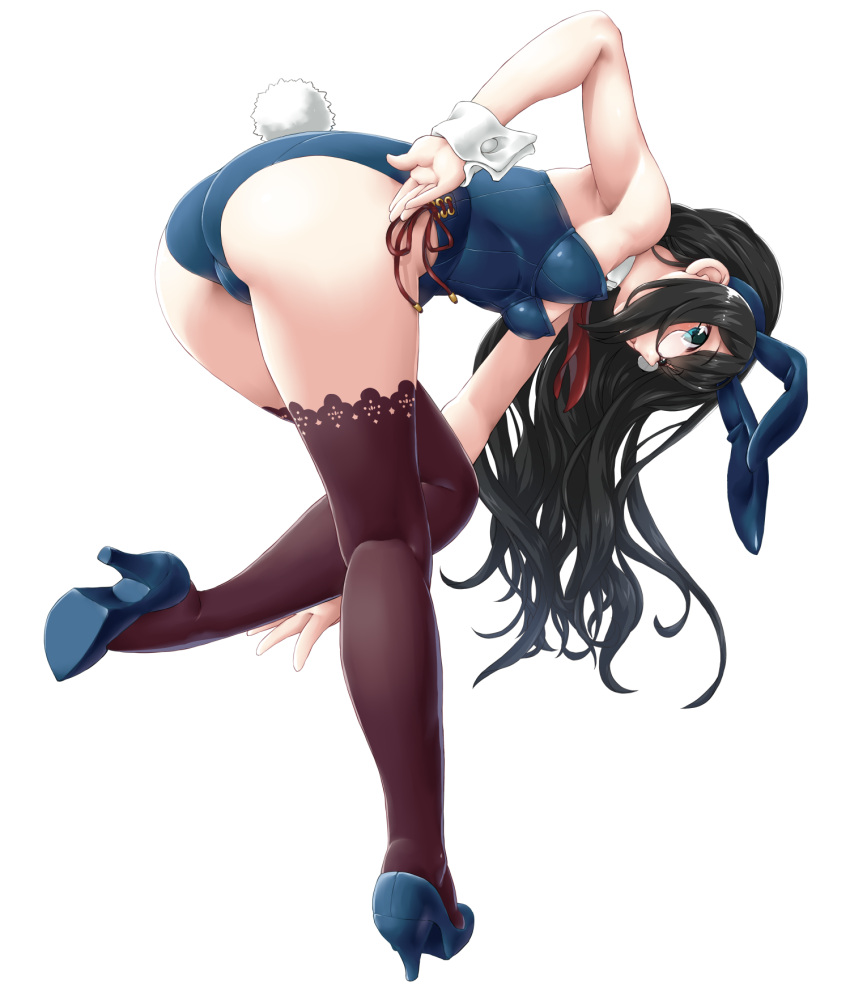 1girl animal_ears ass bangs bare_shoulders bent_over black_hair blue_eyes blue_footwear blue_leotard blush breasts bunny_girl bunny_tail bunnysuit dd_(ijigendd) detached_collar eyebrows_visible_through_hair fake_animal_ears glasses hairband high_heels highres kantai_collection leotard long_hair looking_at_viewer necktie ooyodo_(kantai_collection) open_mouth rabbit_ears red_legwear red_neckwear semi-rimless_eyewear side-tie_leotard simple_background solo tail thigh-highs white_background wrist_cuffs