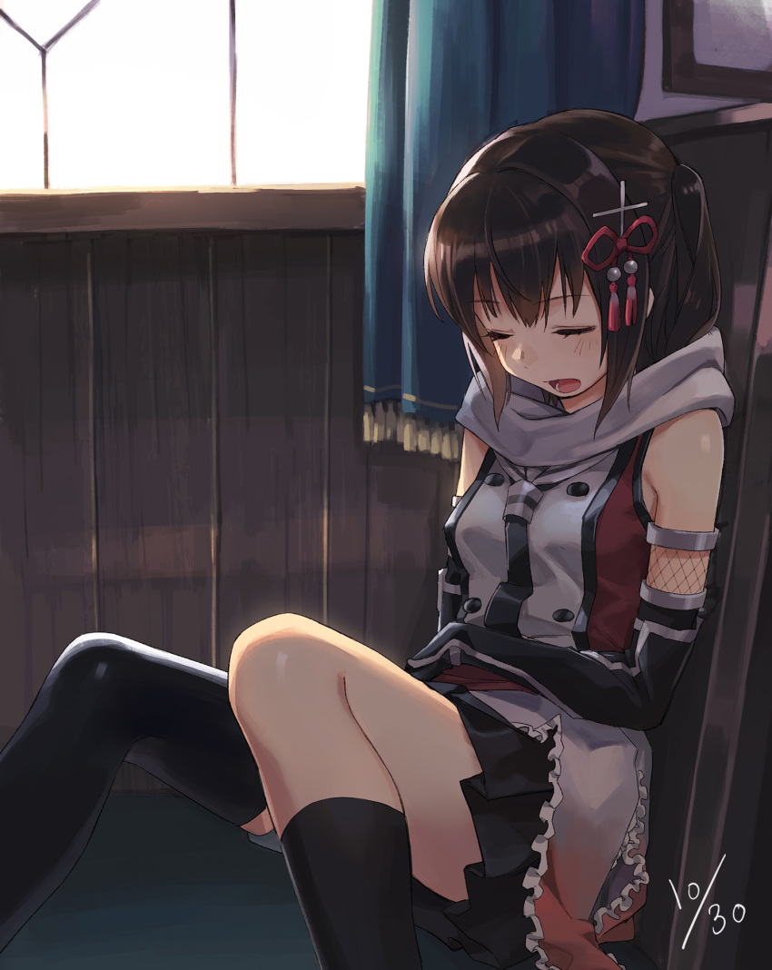 1girl black_gloves black_legwear black_skirt breasts brown_hair closed_eyes double-breasted elbow_gloves fingerless_gloves gloves hair_ornament highres indoors kantai_collection mismatched_legwear neckerchief pleated_skirt remodel_(kantai_collection) scarf school_uniform sendai_(kantai_collection) serafuku single_thighhigh sitting skirt sleeveless small_breasts solo thigh-highs tugo two_side_up white_scarf window