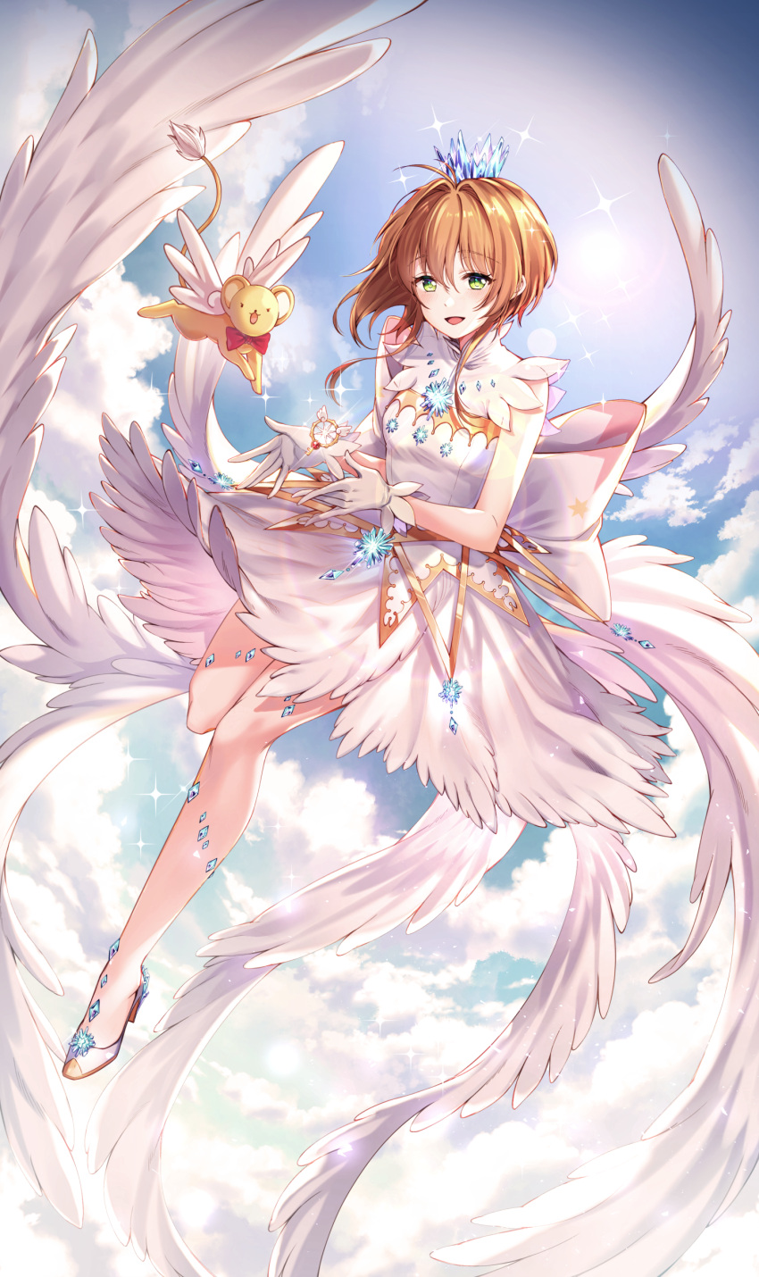 1girl :d absurdres ahoge brown_hair cardcaptor_sakura crown dress eyebrows_visible_through_hair full_body gloves green_eyes hair_between_eyes high_heels highres kero kinomoto_sakura kiwi_(pixiv6429539) leg_up mini_crown open_mouth pumps shiny shiny_hair short_dress short_hair_with_long_locks sidelocks sleeveless sleeveless_dress smile solo white_dress white_gloves