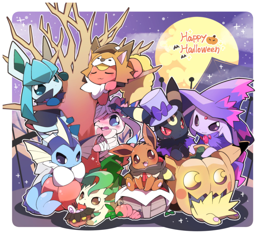 azuma_minatsu bandages bare_tree basket blush candy climbing cloak closed_eyes clothed_pokemon cosplay crescent eevee espeon facing_away facing_viewer flareon food gen_1_pokemon gen_2_pokemon gen_4_pokemon gen_6_pokemon glaceon halloween halloween_costume happy_halloween hat in_tree jack-o'-lantern jolteon leafeon lollipop looking_at_viewer lying moon mummy_costume no_humans on_stomach one_eye_closed outline outside_border pocky pokemon pokemon_(creature) pumpkin purple_headwear rounded_corners sitting smile sploot swirl_lollipop sylveon top_hat tree umbreon vaporeon white_outline witch_hat