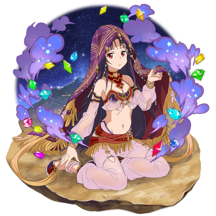 1girl anklet breasts choker collarbone detached_sleeves floating_hair full_body groin harem_outfit highres jewelry long_hair long_sleeves looking_at_viewer midriff navel official_art pants parted_lips pink_pants pink_sleeves purple_hair red_eyes see-through sitting small_breasts solo stomach sword_art_online thigh_strap transparent_background veil very_long_hair yuuki_(sao)