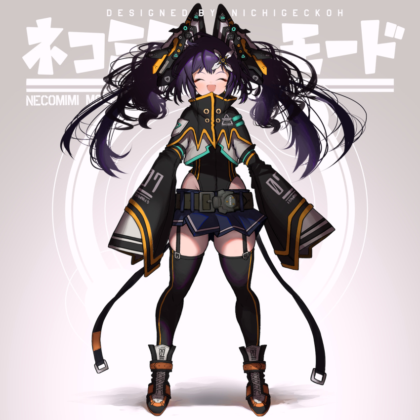 1girl animal_ears artist_name bangs belt black_legwear blue_skirt blush brown_belt cat_ears commentary_request hair_ornament highres military nichigeckoh open_mouth original purple_hair skirt sleeves_past_fingers sleeves_past_wrists smile solo thigh-highs twintails x_hair_ornament