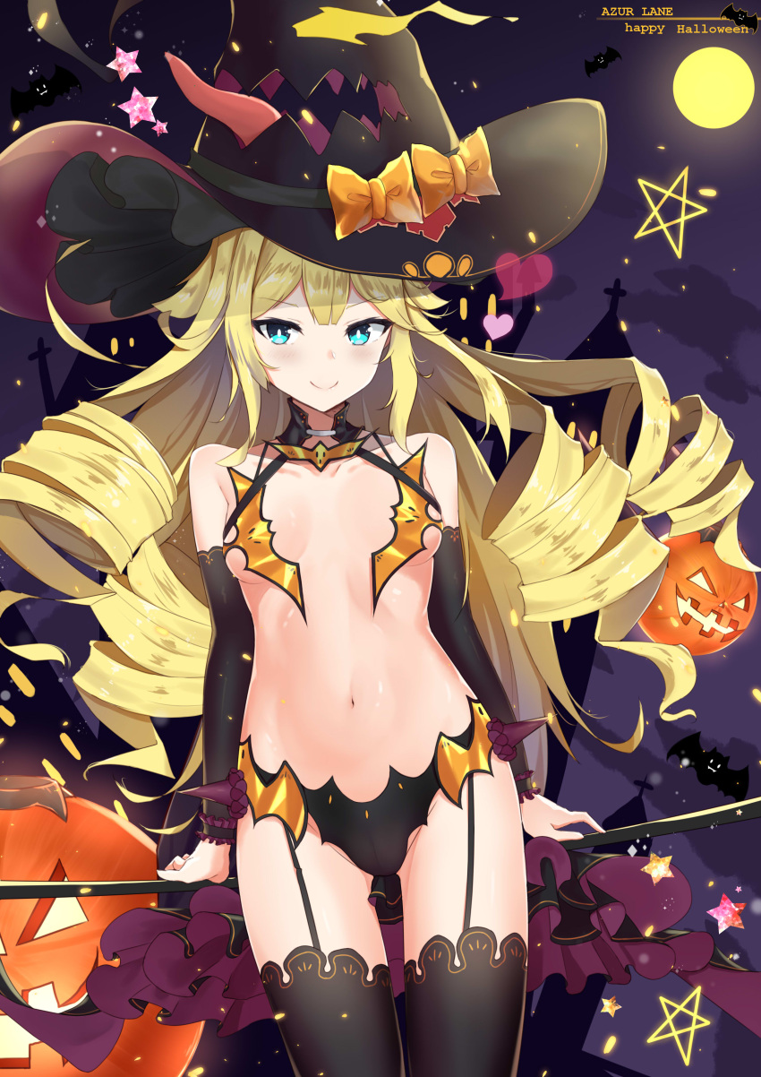 1girl absurdres azur_lane black_headwear black_legwear blonde_hair blue_eyes bow breasts curly_hair drill_hair fengyue_jiang flat_chest garter_straps halloween hat highres jack-o'-lantern midriff multiple_hat_bows navel quad_drills revealing_clothes showgirl_skirt small_breasts smalley_(azur_lane) smalley_(candy_courier)_(azur_lane) solo witch_hat yellow_bow