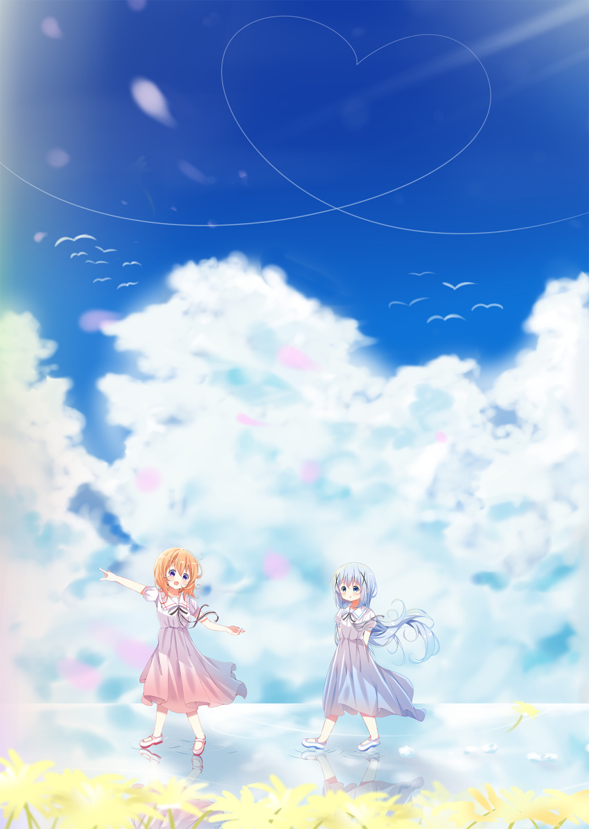 2girls :d bangs blue_eyes blue_hair blue_sky blurry blurry_foreground blush bow brown_hair clouds cloudy_sky collared_dress commentary commentary_request day depth_of_field deyui dress english_commentary eye_contact eyebrows_visible_through_hair flower gochuumon_wa_usagi_desu_ka? hair_between_eyes heart highres hoto_cocoa kafuu_chino long_hair looking_at_another multiple_girls open_mouth outdoors outstretched_arm parted_lips pointing puffy_short_sleeves puffy_sleeves reflection ripples shoes short_sleeves sky smile striped striped_bow uwabaki very_long_hair violet_eyes water white_bow white_dress white_footwear yellow_flower