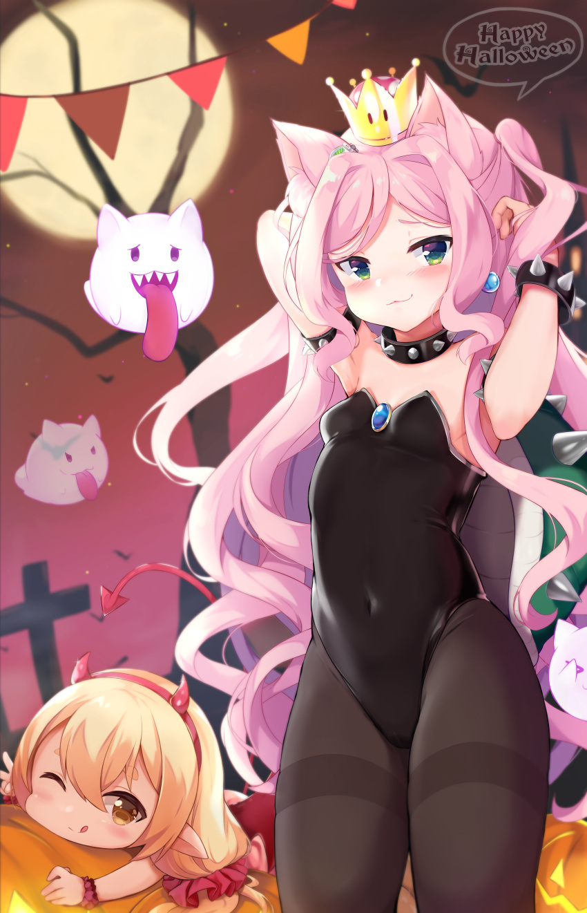 &gt;_&lt; 2girls :3 ;q absurdres animal_ear_fluff animal_ears arms_up bangs bare_tree black_collar black_leotard blonde_hair blush boo bowsette bracelet breasts brown_eyes brown_legwear cat_ears character_request closed_mouth collar commentary_request covered_navel crown demon_girl demon_horns demon_tail earrings eyebrows_behind_hair eyebrows_visible_through_hair fake_horns full_moon ghost green_eyes groin hairband hands_in_hair happy_halloween highres horns jack-o'-lantern jewelry leotard long_hair looking_at_viewer low_twintails super_mario_bros. mini_crown moon multiple_girls new_super_mario_bros._u_deluxe nyatrix one_eye_closed pantyhose parted_bangs pennant pink_hair red_hairband small_breasts smile spiked_armlet spiked_bracelet spiked_collar spiked_shell spikes strapless strapless_leotard string_of_flags super_crown tail thick_eyebrows thighband_pantyhose tongue tongue_out tree turtle_shell twintails very_long_hair
