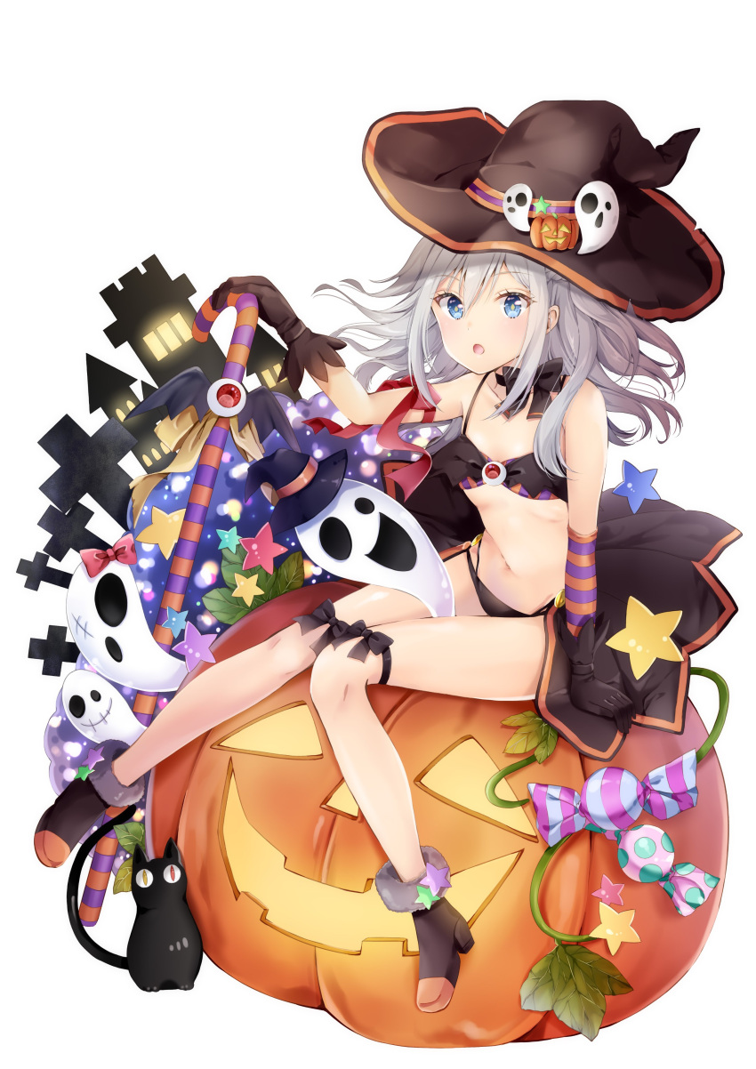 1girl :o absurdres bare_shoulders bikini black_bikini black_footwear black_gloves black_headwear black_ribbon blue_eyes bow bowtie breasts candy candy_cane candy_wrapper choker collarbone commentary_request diamond-shaped_pupils food ghost gloves halloween hat highres jack-o'-lantern leg_ribbon long_hair looking_at_viewer multi-strapped_bikini navel open_mouth original pumpkin ribbon shoes sidelocks silver_hair small_breasts solo star stomach swimsuit symbol-shaped_pupils thighs white_background witch_hat yoshida_iyo