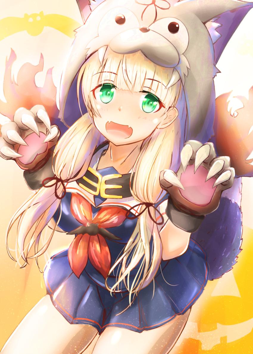 1girl black_ribbon black_serafuku black_skirt blonde_hair claws cowboy_shot curled_fingers fangs gloves green_eyes hair_ribbon highres kantai_collection long_hair looking_at_viewer neckerchief paw_gloves paw_pose paws pleated_skirt red_neckwear ribbon sailor_collar school_uniform serafuku skin_fangs skirt solo tail tress_ribbon white_sailor_collar wolf_hood wolf_tail y0m1tsuna yuudachi_(kantai_collection)