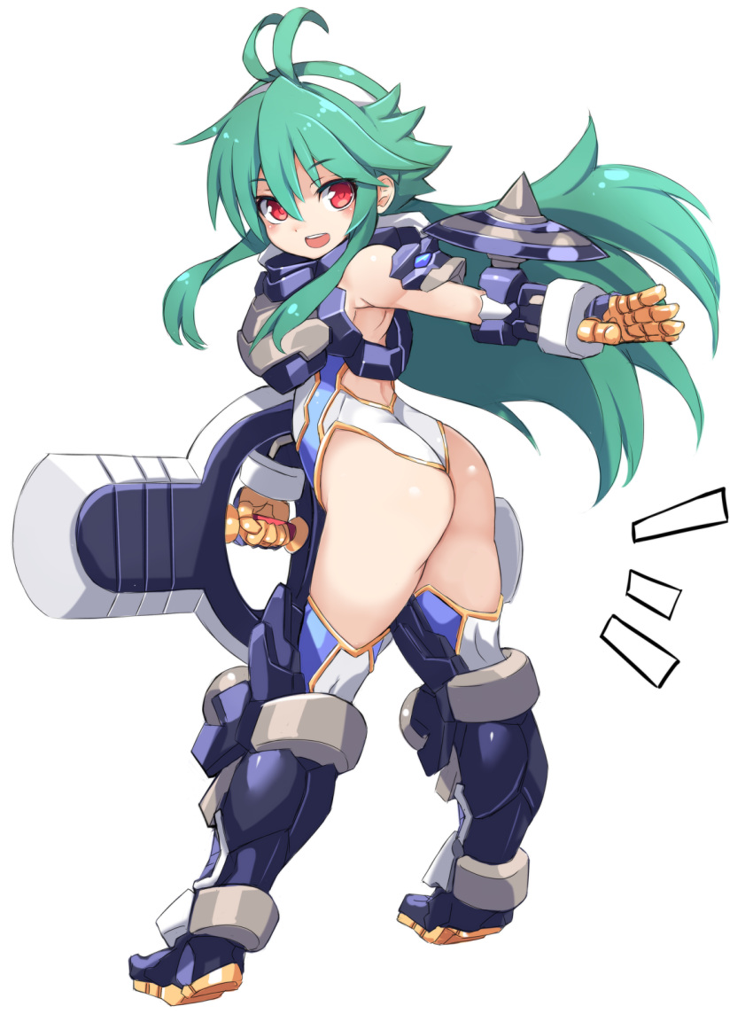 1girl antenna_hair arm_shield armored_boots ass bangs bare_shoulders blue_legwear boots eyebrows_visible_through_hair full_body green_hair hair_between_eyes hairband highres holding karukan_(monjya) leotard long_hair looking_at_viewer looking_back outstretched_arm red_eyes shinrabanshou shizuku_(shinrabanshou) sidelocks simple_background solo spikes standing thigh-highs very_long_hair white_background white_hairband white_leotard