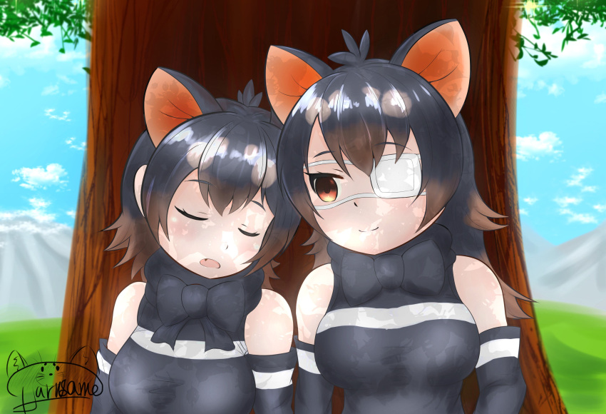 2girls absurdres animal_ears australian_devil_(kemono_friends) bare_shoulders bow bowtie clouds cloudy_sky commentary_request elbow_gloves eyepatch fang gloves gradient_hair harusame68 highres kemono_friends kemono_friends_3 long_hair mountain multicolored_hair multiple_girls short_hair signature sky sleeveless tasmanian_devil_(kemono_friends) tree under_tree