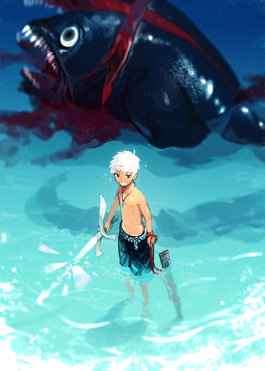 1boy ahoge animal aynoh belt black_eyes bleeding blood death fish giant_fist highres holding holding_sword holding_weapon injury jewelry necklace ocean open_mouth original oversized_animal partially_submerged scabbard sharp_teeth sheath shirtless shorts smile sword teeth unsheathed water weapon white_hair