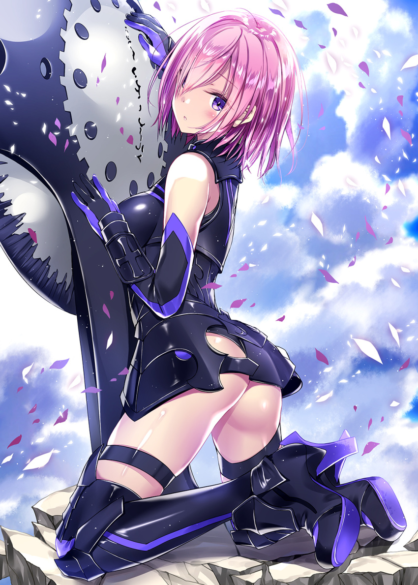1girl ass bangs bare_shoulders body_armor boots breasts clouds cloudy_sky commentary_request elbow_gloves eyebrows_visible_through_hair fate/grand_order fate_(series) gloves hair_between_eyes highres knee_boots kneeling kobayashi_chisato looking_at_viewer mash_kyrielight medium_breasts petals purple_hair shield shiny shiny_hair short_hair sky solo violet_eyes