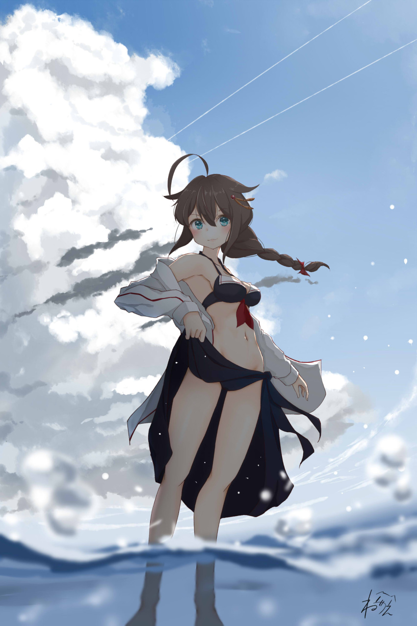 1girl absurdres ahoge bangs bikini blue_eyes blush braid breasts brown_hair clouds day eyebrows_visible_through_hair hair_flaps hair_ornament highres jacket kantai_collection long_hair medium_breasts neve outdoors partially_submerged remodel_(kantai_collection) sailor_bikini sailor_collar sarong sarong_lift shigure_(kantai_collection) signature single_braid sky smile solo standing swimsuit water white_jacket