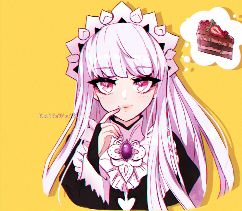 1girl artist_name bridal_gauntlets cake closed_mouth fire_emblem fire_emblem:_three_houses fire_emblem_fates food gem imagining knifewaifu long_hair lysithea_von_ordelia maid maid_headdress pink_eyes simple_background smile solo upper_body white_hair yellow_background