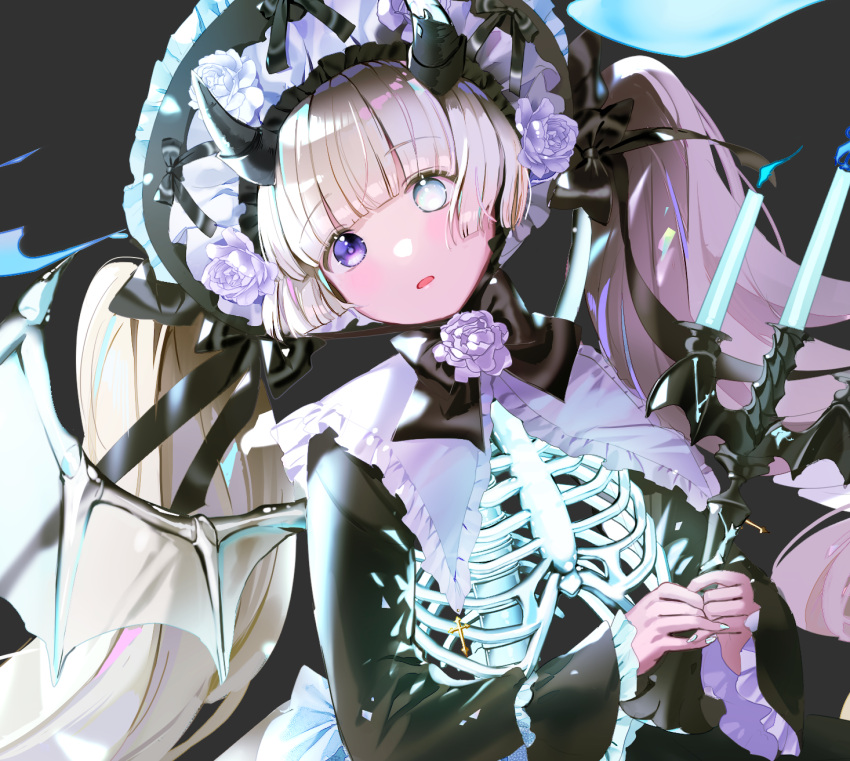1girl bangs black_background black_headwear black_ribbon blonde_hair blue_eyes blue_nails blunt_bangs blush bonnet candelabra candle commentary cross demon_girl demon_horns demon_wings english_commentary eyebrows_visible_through_hair flower frilled_shirt_collar frilled_sleeves frills gothic_lolita halloween heterochromia highres holding horns lolita_fashion long_hair long_sleeves looking_at_viewer mullpull nail_polish original own_hands_together parted_lips ribbon ribs rose solo twintails upper_body very_long_hair violet_eyes white_flower white_rose white_wings wings