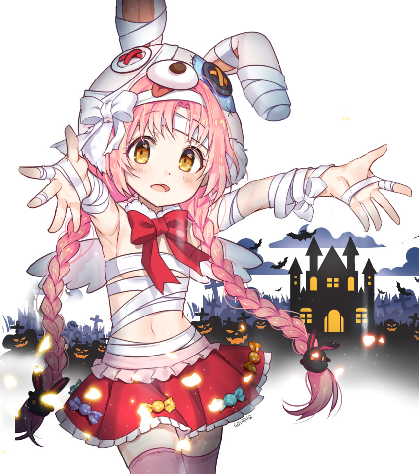 1girl absurdres akane_mimi animal_ears animal_hat bandaged_arm bandaged_hands bandages bangs bare_shoulders blush bow braid brown_eyes bunny_hair_ornament bunny_hat candy_wrapper commentary_request earmuffs eyebrows_visible_through_hair fake_animal_ears frilled_skirt frills fur-trimmed_hat fur_trim goyain hair_ornament halloween hat highres jack-o'-lantern long_hair looking_at_viewer low_twintails mummy navel open_mouth outstretched_arms pink_hair pink_headwear pink_legwear pleated_skirt princess_connect! princess_connect!_re:dive rabbit_ears red_bow red_skirt sidelocks signature skirt solo thigh-highs twin_braids twintails very_long_hair white_bow