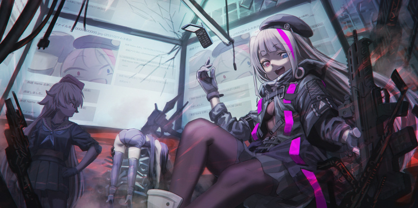 3girls architect_(girls_frontline) ass beret black_footwear black_gloves black_headwear black_jacket black_legwear black_serafuku black_shirt black_skirt blue_eyes blue_neckwear bodystocking boots brown_sailor_collar cellphone closed_mouth commentary desert_tech_mdr dinergate_(girls_frontline) flip_phone girls_frontline gloves grey_gloves hand_on_hip hat heterochromia high_heel_boots high_heels highres hironii_(hirofactory) jacket long_hair long_sleeves looking_at_viewer lying mdr_(girls_frontline) multicolored_hair multiple_girls neckerchief ntw-20_(girls_frontline) object_namesake on_stomach open_clothes open_jacket phone pink_hair pleated_skirt profile red_eyes red_headwear round_teeth sailor_collar school_uniform serafuku shirt short_sleeves skirt streaked_hair teeth thigh-highs thighhighs_under_boots tilted_headwear upper_teeth very_long_hair white_hair