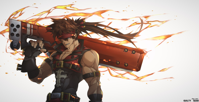 1boy abs absurdres arm_strap belt_buckle biceps brown_hair buckle commentary_request copyright_name fingerless_gloves fire forehead_protector gloves grin guilty_gear guilty_gear_xrd hair_between_eyes headband highres huge_weapon long_hair looking_to_the_side male_focus muscle over_shoulder pectorals ponytail red_eyes shagara skin_tight slender_waist smile sol_badguy solo spiky_hair weapon weapon_over_shoulder