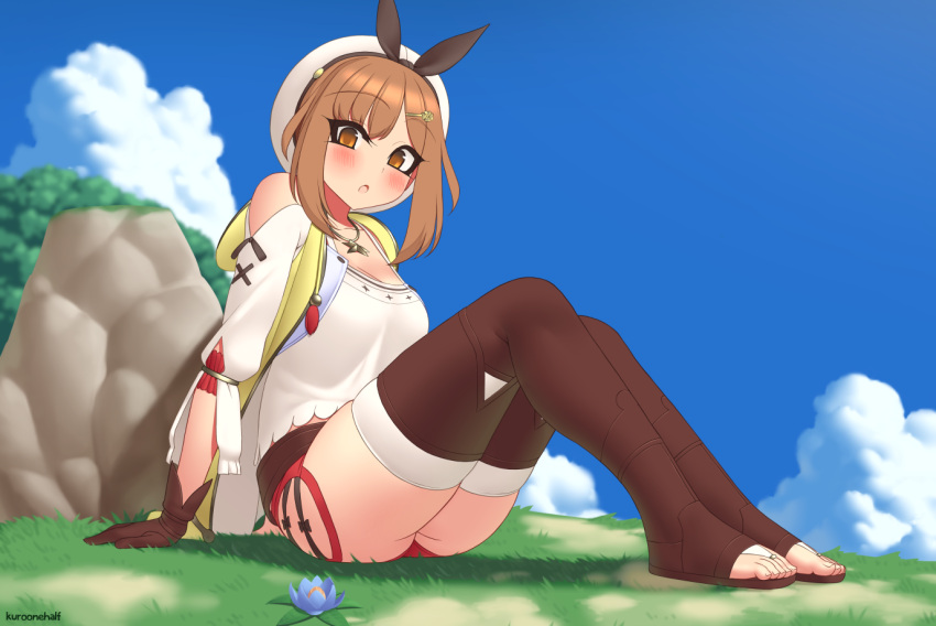 1girl :o artist_name atelier_(series) atelier_ryza bangs bare_shoulders belt blue_sky boots brown_eyes brown_footwear brown_gloves brown_hair clouds commentary day english_commentary eyebrows_visible_through_hair eyes_visible_through_hair flower gloves grass hair_ornament hairclip hat jewelry kuroonehalf looking_at_viewer medium_hair outdoors pendant reisalin_stout rock short_shorts shorts sky solo thigh-highs toeless_boots white_headwear
