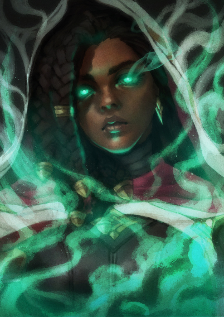 1girl absurdres asymmetrical_hair braid commentary dark_skin earrings english_commentary expressionless face glowing glowing_eyes green_eyes green_smoke hairlocs highres jewelry league_of_legends lips monori_rogue nose senna_(league_of_legends) smoke solo very_dark_skin white_hood