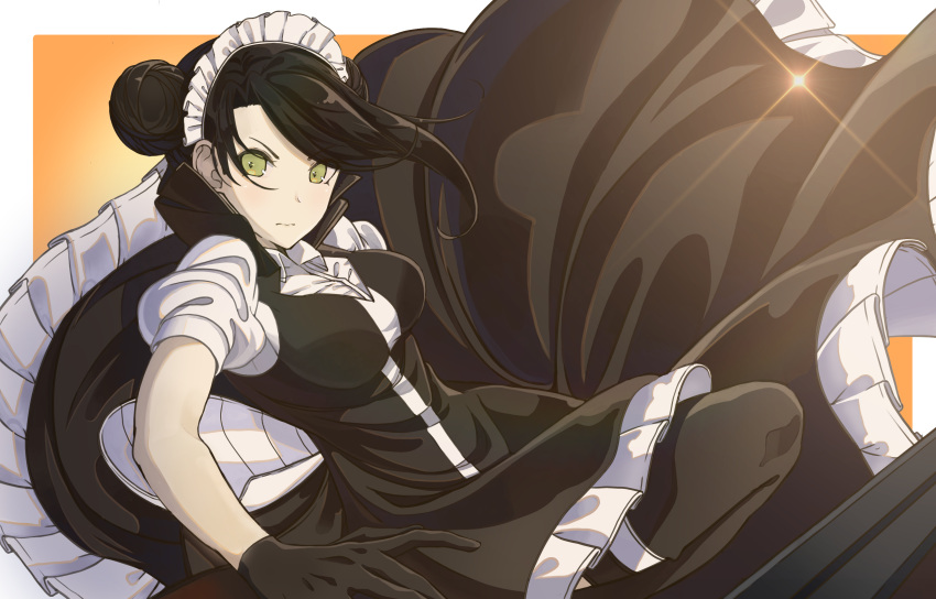 1girl absurdres action agent_(girls_frontline) black_dress black_gloves breasts ckpark closed_mouth commentary_request diffraction_spikes double_bun dress girls_frontline gloves green_eyes high_collar highres knee_up looking_at_viewer maid maid_headdress medium_breasts orange_background sangvis_ferri short_sleeves solo thigh-highs