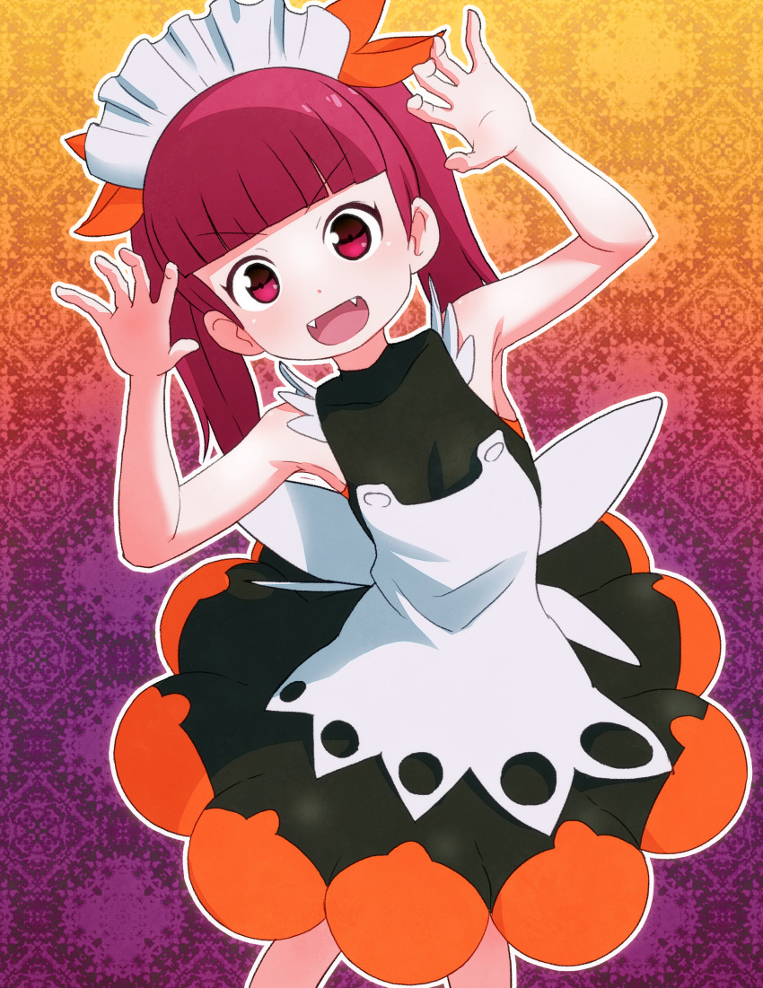 1girl :d absurdres alternate_color bangs bare_arms bare_shoulders blunt_bangs bonnet commentary_request dress eyebrows_visible_through_hair fangs hair_ribbon hands_up highres kemurikusa long_hair looking_at_viewer open_mouth orange_ribbon outline pink_eyes redhead ribbon rina_(kemurikusa) sat-c sleeveless sleeveless_dress smile solo twintails v-shaped_eyebrows white_outline