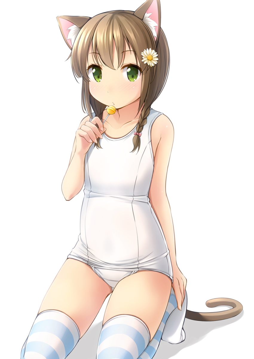 1girl animal_ear_fluff animal_ears bangs bare_arms bare_shoulders blush bow braid breasts brown_hair candy cat_ears cat_girl cat_tail closed_mouth collarbone commentary_request eyebrows_visible_through_hair fingernails flower food green_eyes hair_bow hair_flower hair_ornament hand_up highres holding holding_food holding_lollipop kneeling lollipop long_hair looking_at_viewer no_shoes old_school_swimsuit one-piece_swimsuit original pink_bow school_swimsuit shibacha small_breasts solo striped striped_legwear swimsuit tail thigh-highs thighs twin_braids white_background white_flower white_school_swimsuit white_swimsuit