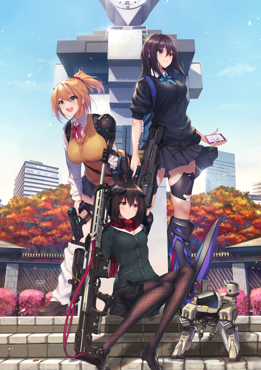 3girls :d arms_note autumn autumn_leaves bionic_joshikousei_(fukai_ryousuke) blonde_hair blue_bow bow breasts brown_eyes brown_hair building cardigan cardigan_vest cellphone clock exoarm_joshikousei exoskeleton expressionless fukai_ryousuke green_eyes gun handgun highres holding holding_weapon holster large_breasts loafers long_range_joshikousei_(fukai_ryousuke) loose_socks mecha medium_breasts multiple_girls open_mouth outdoors pantyhose phone pistol pleated_skirt ponytail red_bow rifle robot scarf school_uniform scrunchie shoes short_hair sitting skirt sky small_breasts smartphone smile stairs standing sweater weapon