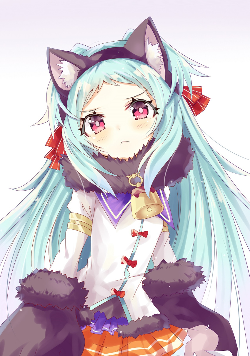 1girl :&lt; animal_ear_fluff animal_ears bell black_gloves black_hairband blue_hair blush bow cat_ears closed_mouth commentary_request eyebrows_visible_through_hair fake_animal_ears forehead fur-trimmed_gloves fur_collar fur_trim gloves gradient gradient_background grey_background hair_bow hairband head_tilt highres hizaka izumo_miyako juliet_sleeves long_hair long_sleeves looking_at_viewer orange_skirt paw_gloves paws pleated_skirt princess_connect! princess_connect!_re:dive puffy_sleeves red_bow red_eyes shirt skirt solo striped striped_bow two_side_up v-shaped_eyebrows very_long_hair white_background white_shirt