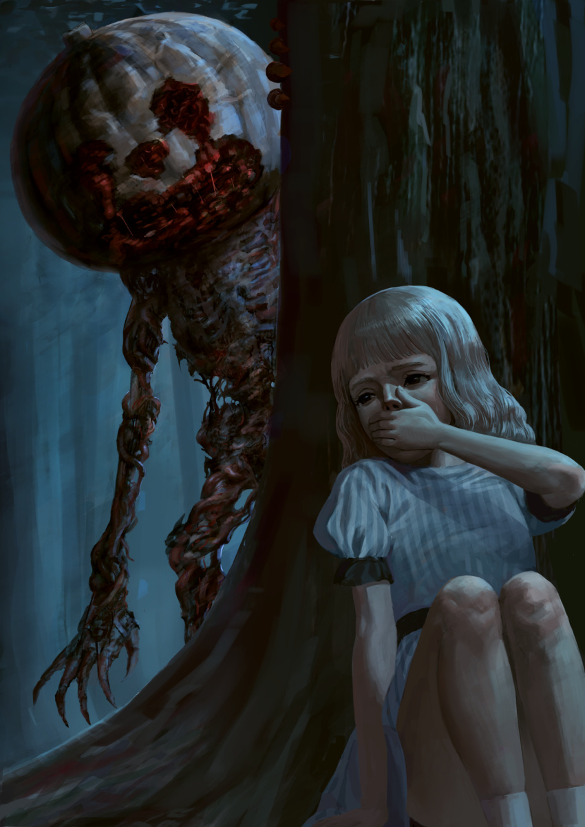 1girl 1other blonde_hair blue_dress brown_eyes claws commentary covering_mouth dress english_commentary hand_over_own_mouth hiding highres horror_(theme) jack-o'-lantern long_hair monster original outdoors puffy_short_sleeves puffy_sleeves short_sleeves sion_(9117) sitting striped tree vertical-striped_dress vertical_stripes