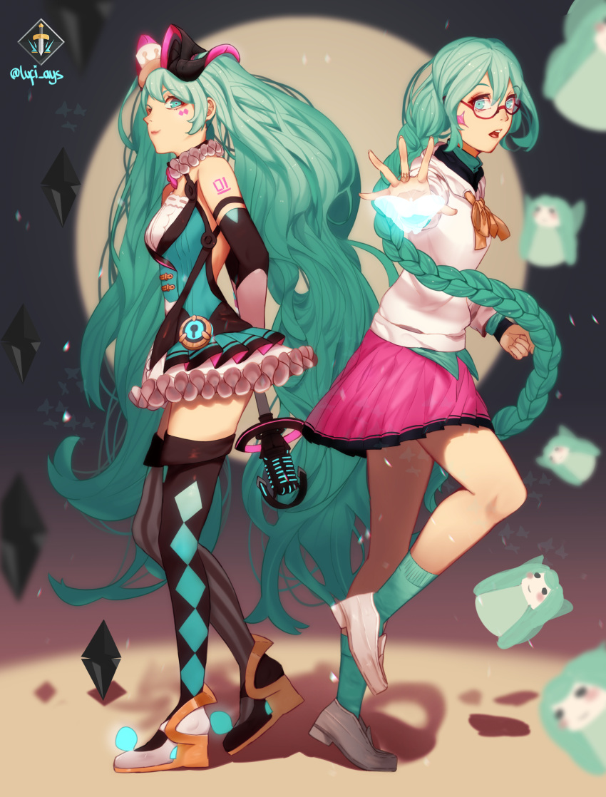 2girls absurdres aqua_hair argyle argyle_legwear arm_at_side arms_behind_back back-to-back bare_shoulders bless_your_breath_(vocaloid) blue_eyes blurry blurry_background braid breasts bug butterfly character_doll circle clenched_hand detached_sleeves diamond_(shape) doll expressionless facepaint fingernails full_body glasses glowing glowing_butterfly gumihiko hat hatsune_miku highres holding holding_staff insect jewelry loafers long_hair long_sleeves looking_at_viewer magical_mirai_(vocaloid) master_(vocaloid) mini_hat mini_top_hat mismatched_legwear multiple_girls number_tattoo open_mouth outstretched_hand pink_skirt pleated_skirt red-framed_eyewear ribbon ring semi-rimless_eyewear shadow shiny shiny_hair shirt shoes shoulder_tattoo single_braid skirt sleeveless small_breasts socks spotlight staff standing standing_on_one_leg striped striped_legwear tattoo teeth thigh-highs top_hat twitter_username upper_teeth very_long_hair vocaloid white_footwear white_shirt zettai_ryouiki