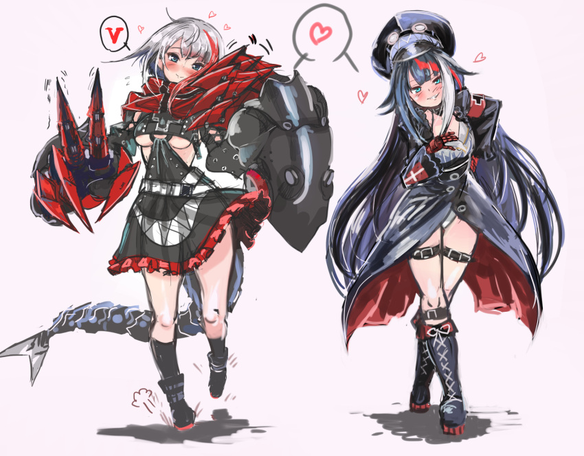 2girls admiral_graf_spee_(azur_lane) azur_lane black_hair blue_eyes boots breasts deutschland_(azur_lane) fish_tail goggles goggles_on_headwear hat heart hey_taishou highres iron_cross long_hair mechanical_hands multicolored_hair multiple_girls redhead shark_tail short_hair silver_hair streaked_hair tail thigh_strap under_boob white_hair