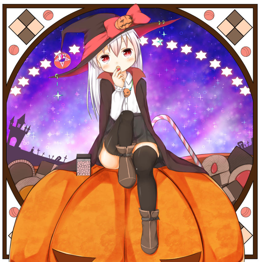 1girl :o black_cape black_headwear black_legwear black_skirt blush boots bow brown_footwear candy candy_cane cape checkerboard_cookie collared_shirt commentary_request cookie dress_shirt food halloween hand_up hat hat_bow head_tilt highres holding holding_food jack-o'-lantern knee_up long_hair looking_at_viewer open_mouth original pleated_skirt red_bow red_eyes shirt sitting skirt solo sparkle star su_guryu thigh-highs thighhighs_under_boots very_long_hair white_hair white_shirt witch_hat