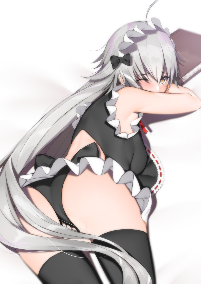 1girl absurdres armpits ass black_legwear black_panties blush breasts fate/grand_order fate_(series) grey_hair highres jeanne_d'arc_(alter)_(fate) jeanne_d'arc_(fate)_(all) long_hair lying maid_headdress mairudo_(mildcoffee1117) on_stomach one_eye_closed panties skirt sleeveless solo thigh-highs underwear very_long_hair white_hair yellow_eyes