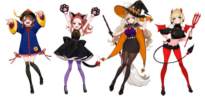 4girls :d animal_ears arm_up armpits arms_up back_bow bangs bare_shoulders bell black_bow black_cape black_dress black_footwear black_gloves black_headwear black_legwear black_shirt black_shorts black_skirt blue_dress blue_eyes blue_nails blush boots bow breasts broom brown_eyes brown_hair brown_legwear cape cat_ears cat_girl cat_tail demon_girl demon_horns demon_tail demon_wings dress earrings eyebrows_behind_hair eyebrows_visible_through_hair facial_mark fingernails forehead fur-trimmed_gloves fur_trim gloves hair_bow hair_intakes half_gloves hand_on_headwear hand_on_hip hat heart high_heels high_ponytail highres holding holding_broom horns jack-o'-lantern jewelry jiangshi jingle_bell kaname_mahiro large_breasts leaning_forward legwear_under_shorts light_brown_hair long_hair long_sleeves looking_at_viewer marinasu_(kari) medium_breasts midriff multicolored multicolored_cape multicolored_clothes multiple_girls nail_polish navel ofuda open_mouth orange_cape otonoha_naho outstretched_arms pantyhose parted_bangs parted_lips paw_gloves paws pencil_skirt polearm ponytail puffy_short_sleeves puffy_sleeves purple_legwear purple_shirt qing_guanmao red_bow red_headwear red_legwear red_wings ribbed_shirt round_teeth shirt shoes short_dress short_hair short_shorts short_sleeves shorts shoulder_cutout simple_background skirt sleeveless sleeveless_dress sleeves_past_wrists smile standing standing_on_one_leg suzuna_subaru tail tail_bell tail_bow teeth thigh-highs thighhighs_under_boots touma_rin trident upper_teeth v-shaped_eyebrows very_long_hair weapon white_background wings witch_hat yuu_(higashi_no_penguin)
