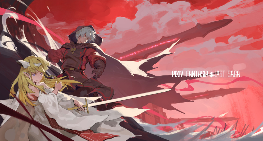 1boy 1girl bare_shoulders black_gloves blonde_hair braid cancer_(zjcconan) cape clouds cloudy_sky ezel_the_king_of_fire_and_iron falia_the_queen_of_the_mountains gloves grey_eyes headgear highres holding holding_sword holding_weapon hood hood_up long_hair outdoors pixiv_fantasia pixiv_fantasia_last_saga pointy_ears red_eyes red_sky sky sword torn_cape torn_clothes weapon white_hair