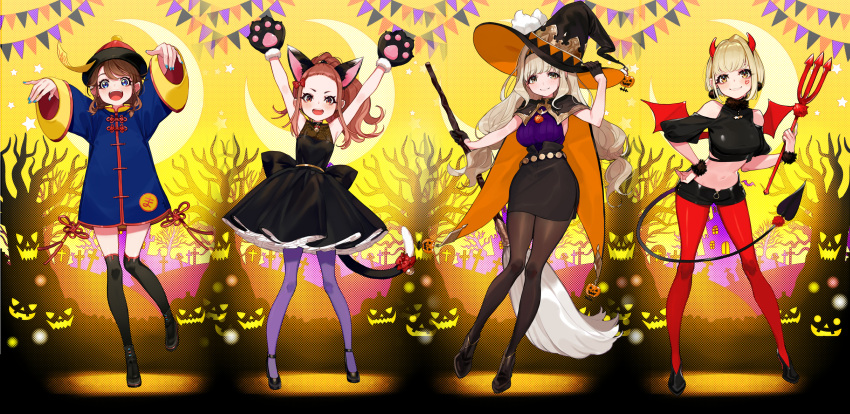 4girls adjusting_clothes adjusting_hat animal_ears arms_up bare_tree black_dress black_footwear black_gloves black_headwear black_legwear black_shorts black_skirt blonde_hair blue_nails bow breasts broom brown_hair cat_ears cat_tail crescent_moon demon_tail dress fake_animal_ears gloves graveyard hair_bow halloween halloween_costume hand_on_hip hat highres holding holding_weapon horns jack-o'-lantern jiangshi_costume kaname_mahiro large_breasts light_brown_hair looking_at_viewer marinasu_(kari) midriff moon multiple_girls nail_polish ofuda otonoha_naho pantyhose pencil_skirt polearm purple_legwear red_bow red_headwear red_legwear ribbon short_shorts shorts skirt small_breasts standing standing_on_one_leg string_of_flags suzuna_subaru tail touma_rin tree trident weapon wide_sleeves witch_hat wristband yellow_sky yuu_(higashi_no_penguin)