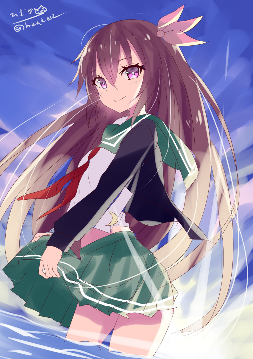 1girl absurdres blue_sky blush closed_mouth crescent crescent_moon_pin eyebrows_visible_through_hair gradient_hair gradient_sky green_serafuku green_skirt hair_between_eyes hair_ornament highres hizaka kantai_collection kisaragi_(kantai_collection) lifted_by_self long_hair looking_at_viewer multicolored_hair pleated_skirt purple_hair remodel_(kantai_collection) school_uniform serafuku skirt sky smile solo violet_eyes