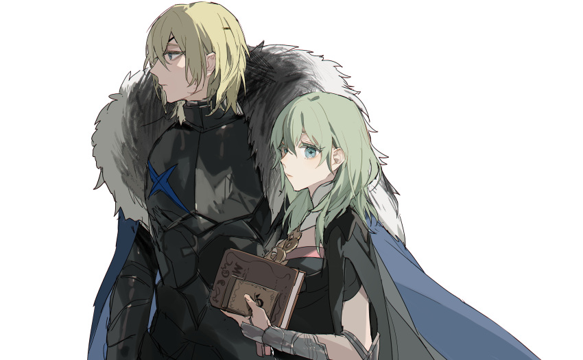 1boy 1girl absurdres bangs blonde_hair blue_cape blue_eyes book breastplate breasts byleth_(fire_emblem) byleth_eisner_(female) cape capelet closed_mouth dimitri_alexandre_blaiddyd eyebrows_behind_hair fire_emblem fire_emblem:_three_houses fur-trimmed_capelet fur_trim green_eyes green_hair hair_between_eyes highres holding holding_book long_hair looking_away profile short_sleeves small_breasts upper_body vambraces zhibuji_loom