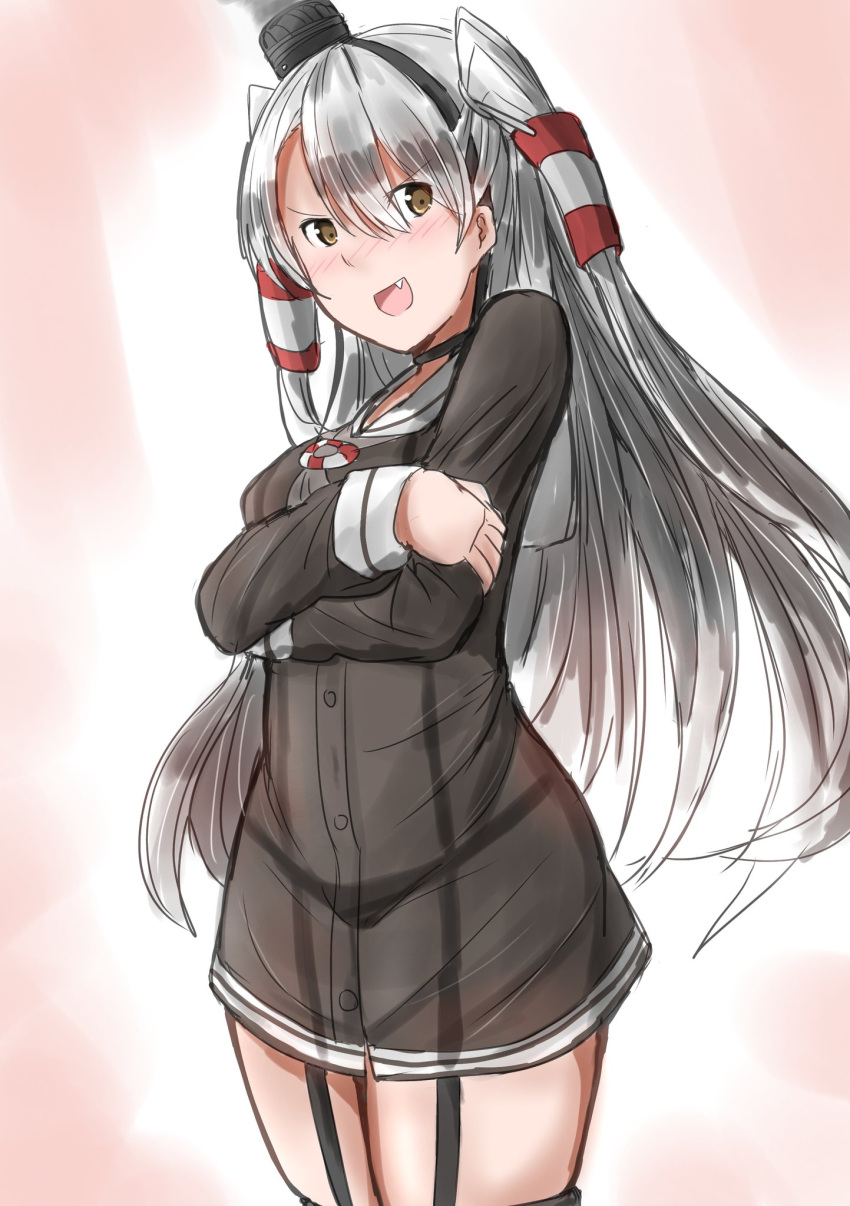 1girl amatsukaze_(kantai_collection) black_panties brown_dress commentary_request crossed_arms dress fang garter_straps hair_tubes hat highres kamaboko_senshi kantai_collection lifebuoy long_hair looking_at_viewer mini_hat open_mouth panties sailor_dress short_dress silver_hair smile smokestack_hair_ornament solo thigh-highs two_side_up underwear windsock yukikaze_(kantai_collection)