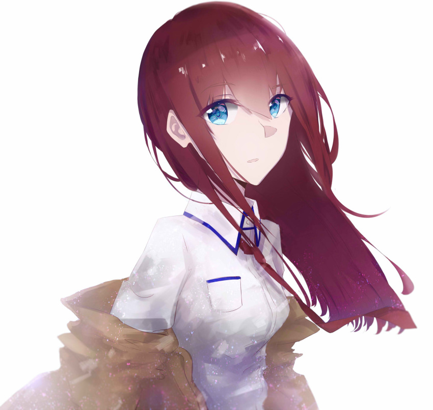 1girl bangs blue_eyes breasts brown_hair collar collared_shirt eyebrows_visible_through_hair eyes_visible_through_hair hair_between_eyes hanafurashi highres jacket long_hair looking_at_viewer makise_kurisu necktie off_shoulder parted_lips red_neckwear shirt simple_background solo standing steins;gate upper_body white_background white_shirt