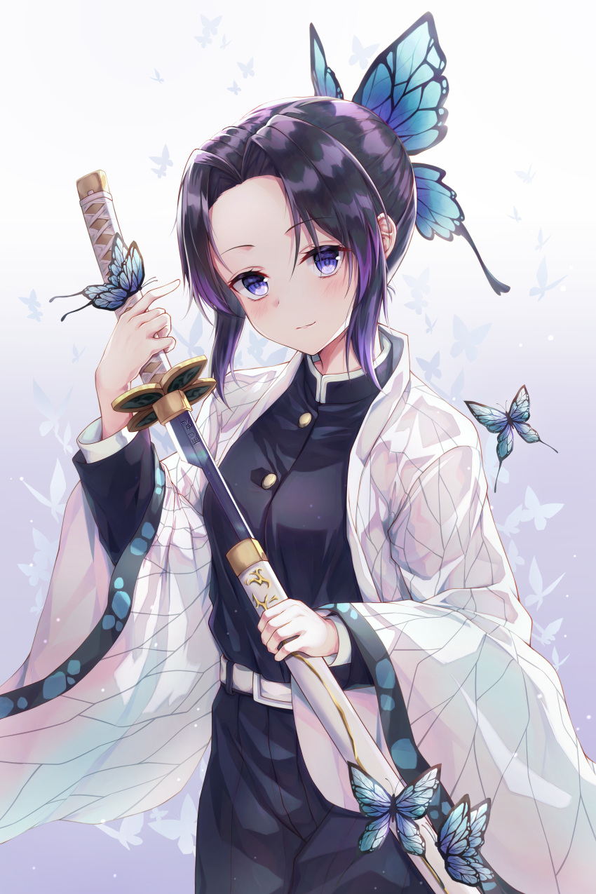 1girl absurdres bangs black_hair breasts bug butterfly butterfly_hair_ornament commentary_request eyebrows_visible_through_hair gyungsin hair_ornament haori highres holding holding_sword holding_weapon insect japanese_clothes kimetsu_no_yaiba kochou_shinobu long_sleeves looking_at_viewer medium_breasts multicolored_hair parted_bangs purple_hair short_hair smile solo sword uniform violet_eyes weapon