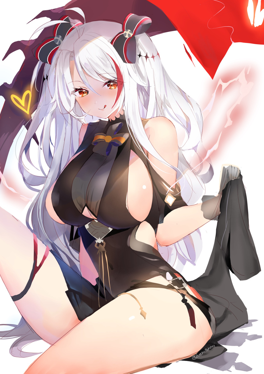 1girl :q absurdres alternate_costume antenna_hair azur_lane bangs black_dress blush bow breasts brown_eyes dress gloves hair_between_eyes hair_bow heart highres hoerutarou large_breasts lightning long_hair looking_at_viewer mole mole_on_breast multicolored_hair prinz_eugen_(azur_lane) prinz_eugen_(cordial_cornflower)_(azur_lane) redhead rigging silver_hair simple_background sitting skirt_hold solo streaked_hair thighs tongue tongue_out twitter_username two_side_up very_long_hair white_background