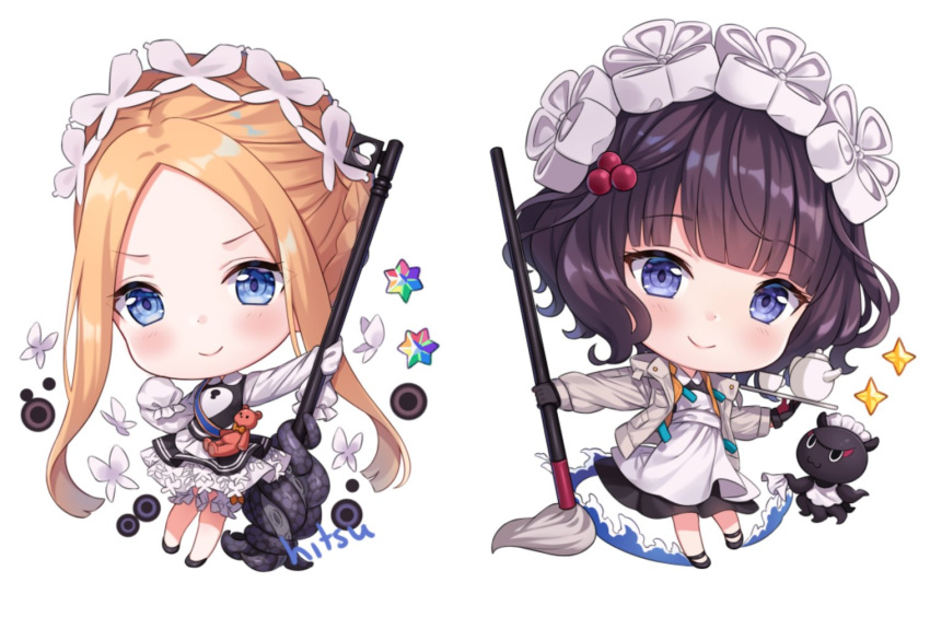 2girls abigail_williams_(fate/grand_order) animal apron artist_name bangs black_dress black_footwear black_gloves blonde_hair bloomers blue_eyes blush butterfly_hair_ornament closed_mouth commentary cup dress english_commentary fate/grand_order fate_(series) forehead gloves grey_jacket hair_ornament heroic_spirit_festival_outfit hitsukuya holding holding_tray jacket katsushika_hokusai_(fate/grand_order) long_hair long_sleeves maid_headdress multiple_girls octopus open_clothes open_jacket parted_bangs purple_hair saint_quartz shirt sidelocks signature simple_background sleeveless sleeveless_dress sleeves_past_fingers sleeves_past_wrists smile sparkle stuffed_animal stuffed_toy teacup teapot teddy_bear tentacles tokitarou_(fate/grand_order) tray underwear very_long_hair violet_eyes white_apron white_background white_bloomers white_shirt